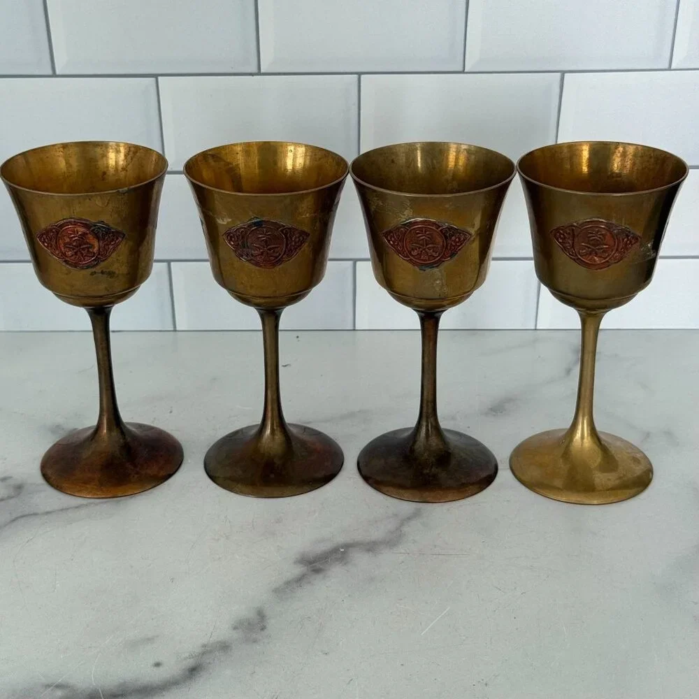 Vintage Brass Goblets With Etched Design Set Of 4